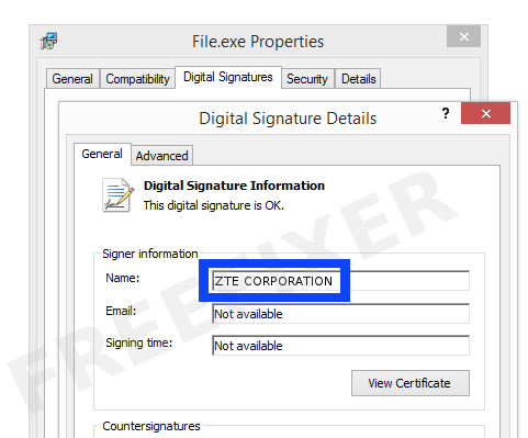 Screenshot of the ZTE CORPORATION  certificate